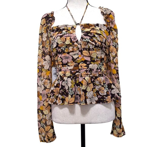 ASTR The Label Toni Floral Peplum Top Brown& Yellow Front Keyhole Cut-Out Fairy - Picture 3 of 9